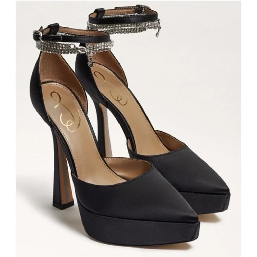 Sam Edelman Andie Pumps Black Satin Embellished Platform Heel Size 8.5